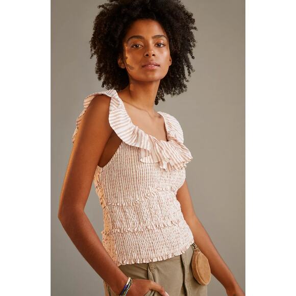 Anthropologie smocked tan pink striped ruffle tank - Picture 1 of 5